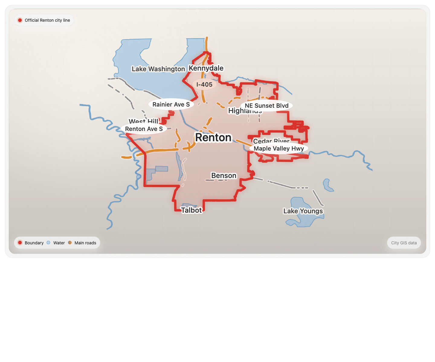 Official Renton city boundary map with the city line marked in red for garage door opener replacement in renton coverage